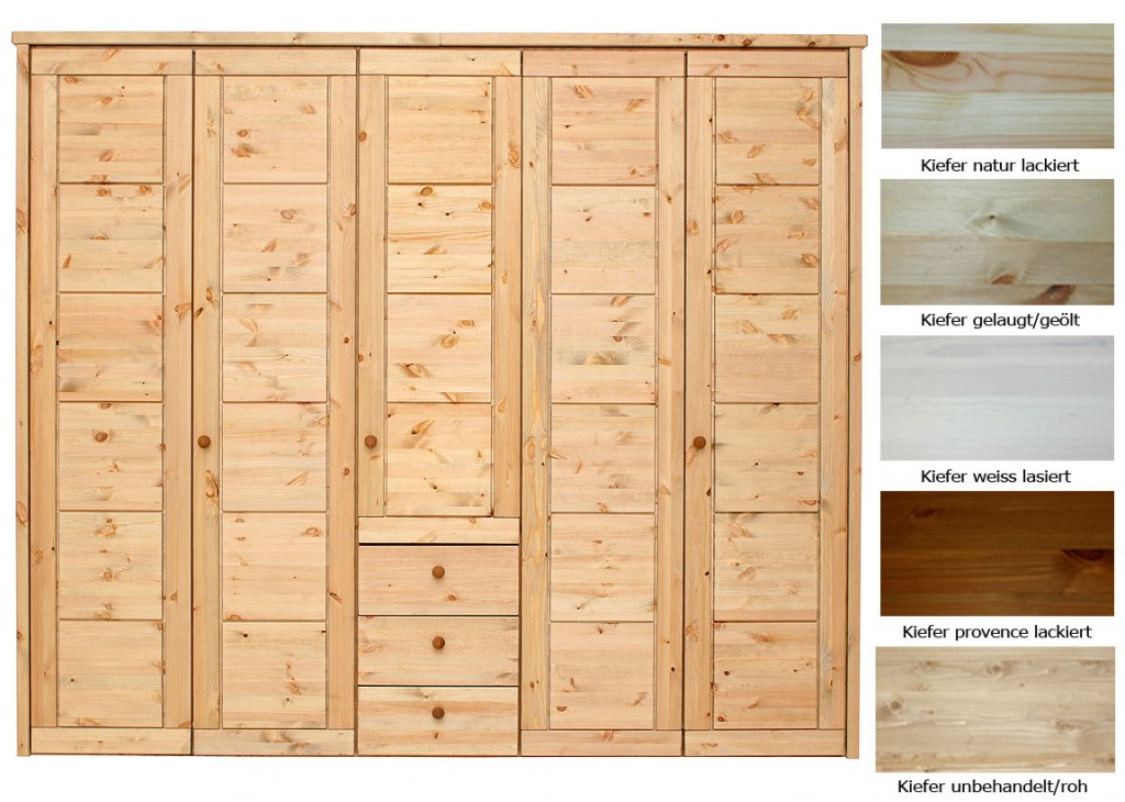 Massivholz Kleiderschrank 5türig Schlafzimmerschrank 3 Schubladen Kiefer